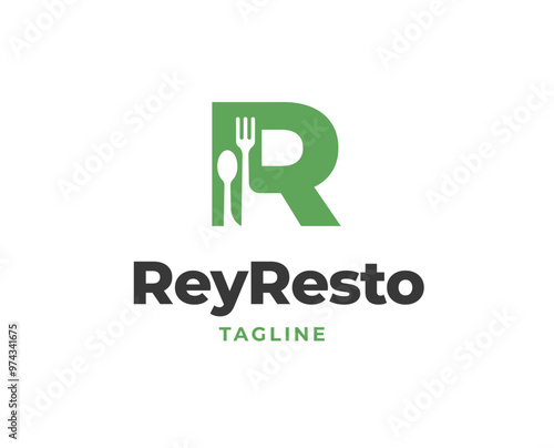 Initial R letter logo with fork and spoon icon for restaurant logo vector illustration