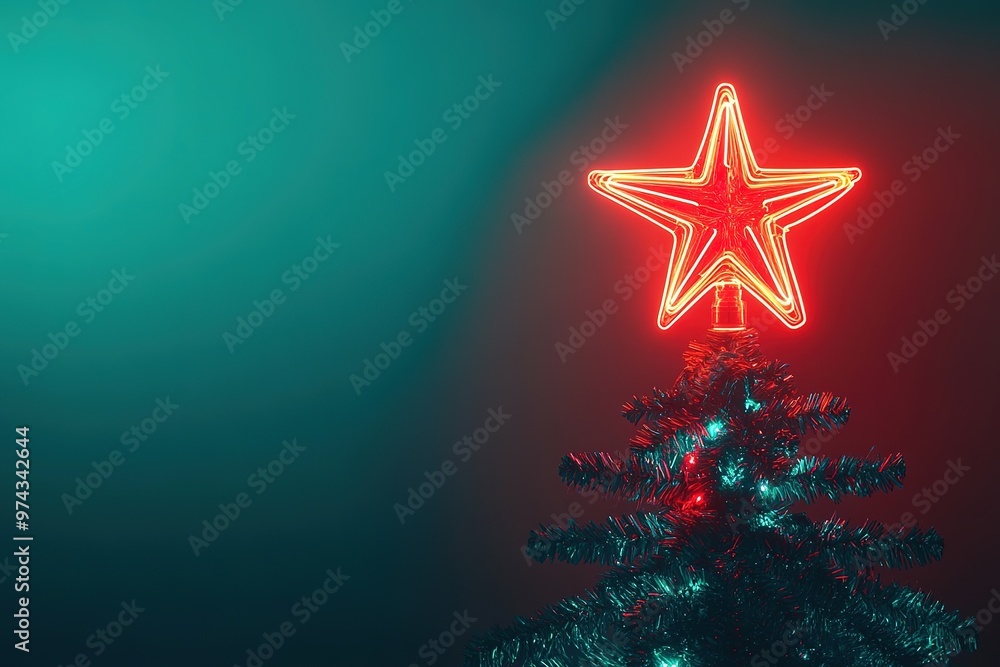 Fototapeta premium Neon star atop Christmas tree, red glow against blue