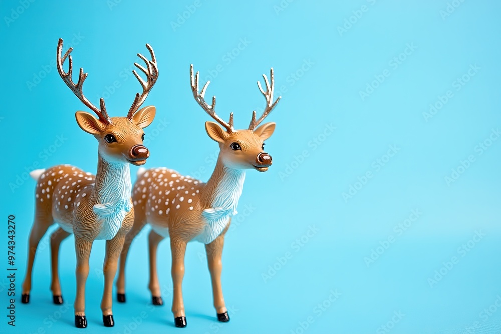 Obraz premium Two toy reindeer on blue background, festive decor