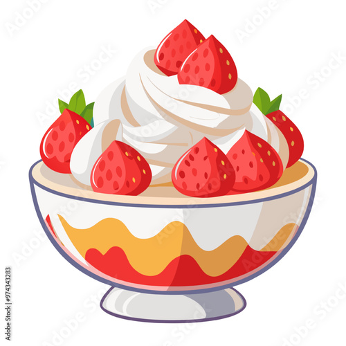 Strawberry Delight:  A vibrant and tempting illustration of a classic dessert, featuring a creamy whipped topping, juicy strawberries, and a layer of  delicious strawberry sauce. This image is perfect