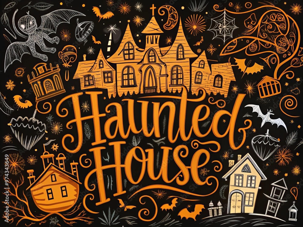 haunted house doodles with cursive typography haunted house doodles with cursive typography