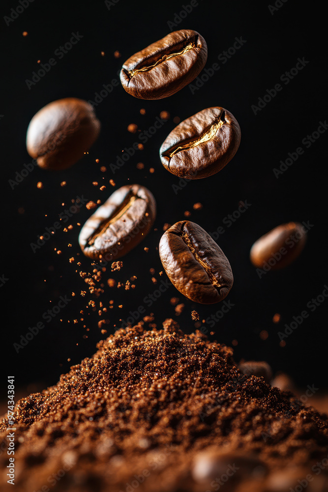 Falling coffee beans on pile of ground coffee, black background, macro photography. Falling coffee beans on pile of ground coffee, black background, macro photography.