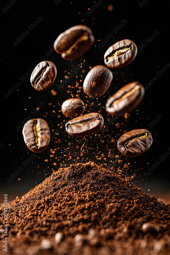 Falling coffee beans on pile of ground coffee, black background, macro photography. Falling coffee beans on pile of ground coffee, black background, macro photography.
