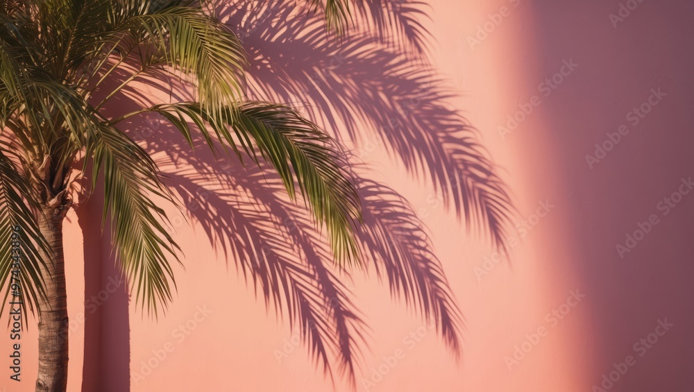 A bright, sunny palm tree cast its charming shadow on a pink wall, imparting an engaging and exotic atmosphere. A bright, sunny palm tree cast its charming shadow on a pink wall, imparting an engaging and exotic atmosphere.