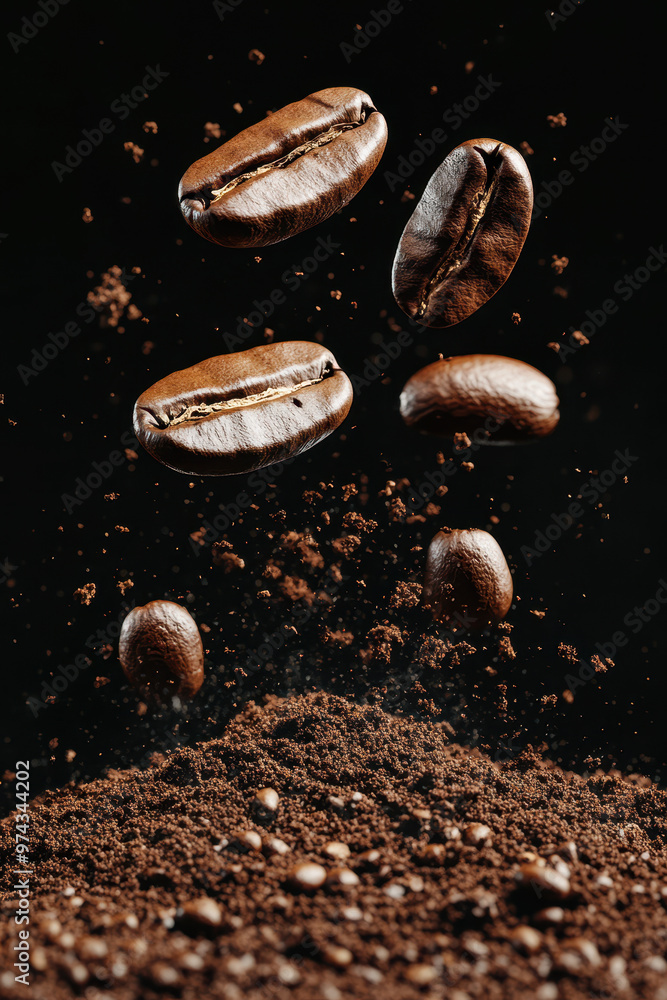 Falling coffee beans on pile of ground coffee, black background, macro photography. Falling coffee beans on pile of ground coffee, black background, macro photography.