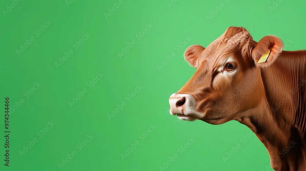 A brown cow facing slightly to the side, standing alone on a vibrant green background, creating a serene and peaceful scene.