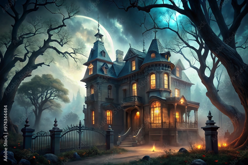 Haunted mansion portal with eerie mist and creepy trees Haunted mansion portal with eerie mist and creepy trees