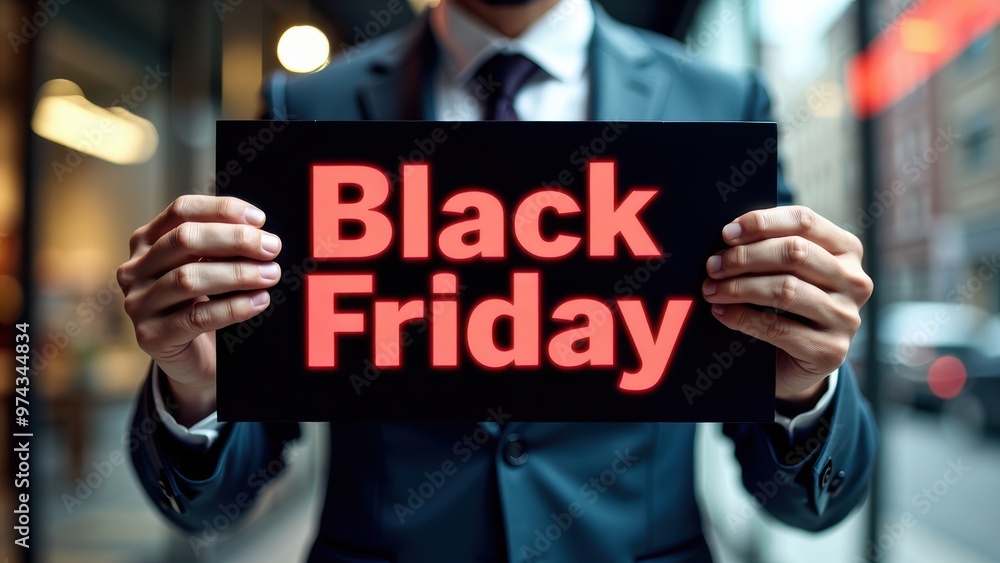 Person Displaying a Black Friday Sign in a Shopping District with Illuminated Signs and Buildings in the Background Person Displaying a Black Friday Sign in a Shopping District with Illuminated Signs and Buildings in the Background