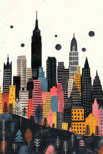 Stylized city skyline with soft pastels depicted in a stylized black and white illustration