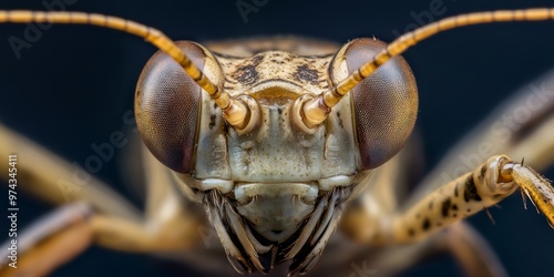 Ultra-close macro shot of a locust's head highlighting its exoskeleton and detailed eye structure image photo