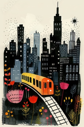 Subway train in motion depicted in a stylized black and white illustration