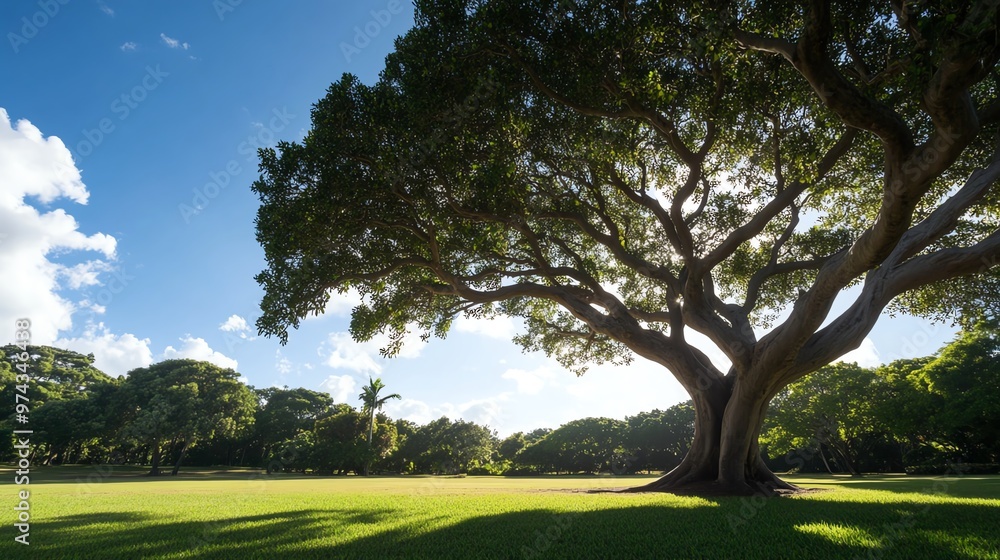 Fototapeta premium A majestic tree stands tall in a lush green park under a clear blue sky, casting a vast shadow on the grassy field.