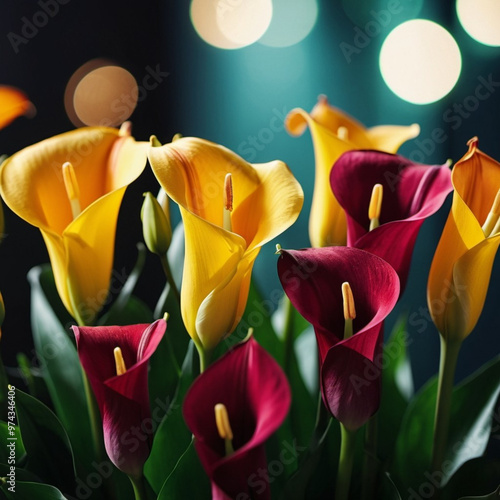 Wallpaper Mural A stunning display of red yellow calla lilies with striking centers surrounded by lush green leaves creates an elegant floral arrangement perfect for any occasion. Generative AI. Dark background Torontodigital.ca