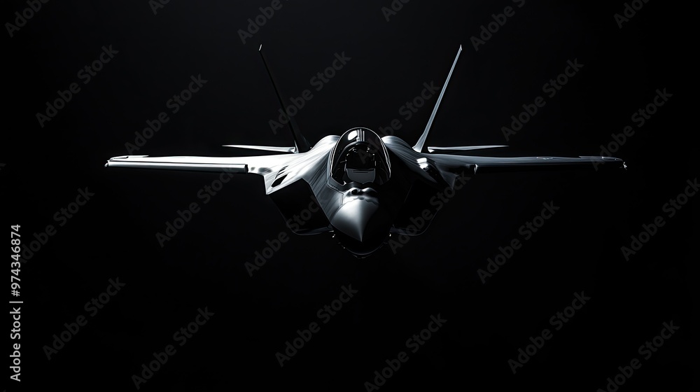 A fighter plane in sharp focus, isolated on a matte black background for a dramatic, high-impact image. A fighter plane in sharp focus, isolated on a matte black background for a dramatic, high-impact image.