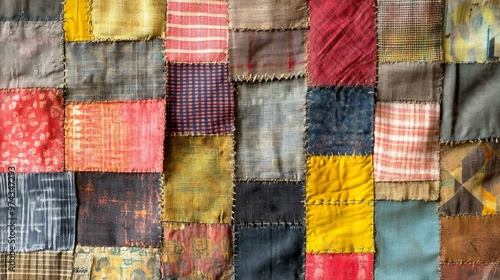 Recycled fabric texture showcasing diverse textile patches in various colors and patterns