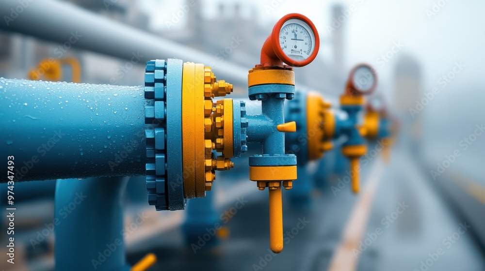 Industrial Pipe with Pressure Gauge and Water Droplets Industrial Pipe with Pressure Gauge and Water Droplets