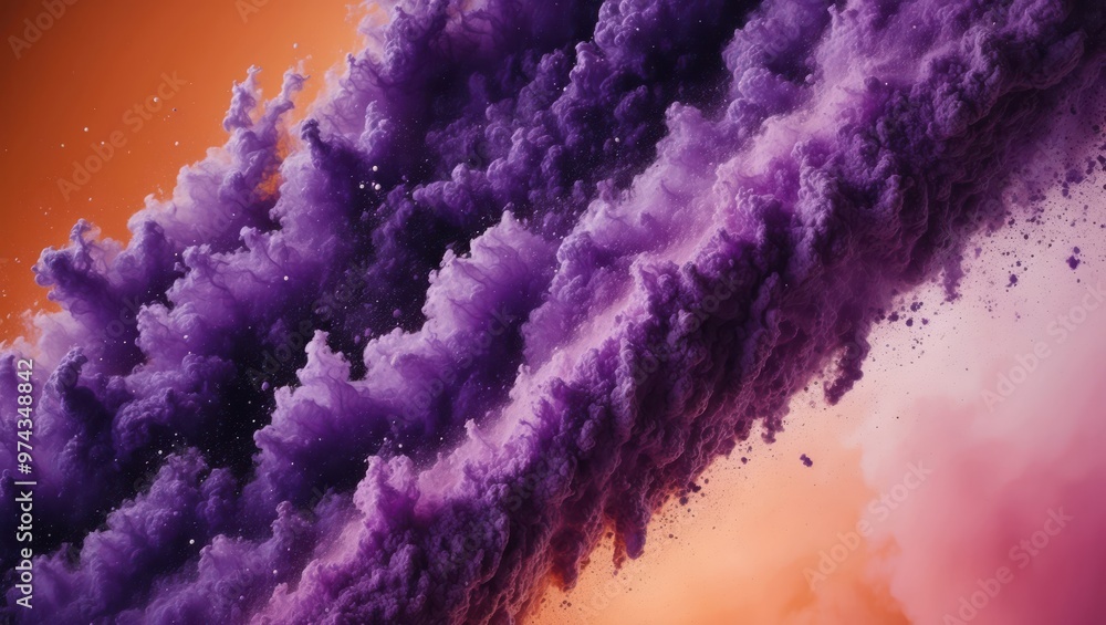 Fototapeta premium Purple clouds forming abstract shapes against an orange void, surreal and evocative, conveying creativity and fantasy.