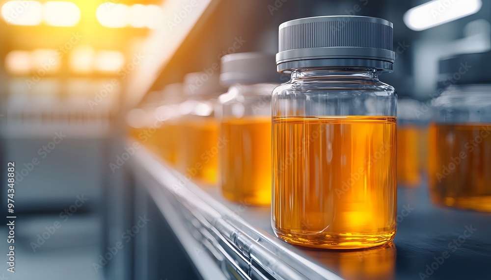Close-up of amber liquid in medicine bottles on production line with warm lighting, representing pharmaceutical manufacturing. Close-up of amber liquid in medicine bottles on production line with warm lighting, representing pharmaceutical manufacturing.