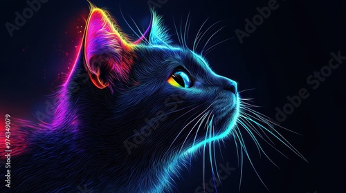 Modern black cat with neon accessories, very high quality. 50 keywords