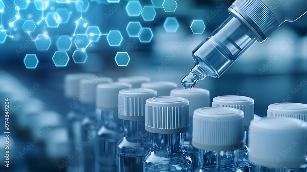 Close-up of a pipette dispensing liquid into vials with a scientific background, highlighting laboratory research and innovation. Close-up of a pipette dispensing liquid into vials with a scientific background, highlighting laboratory research and innovation.