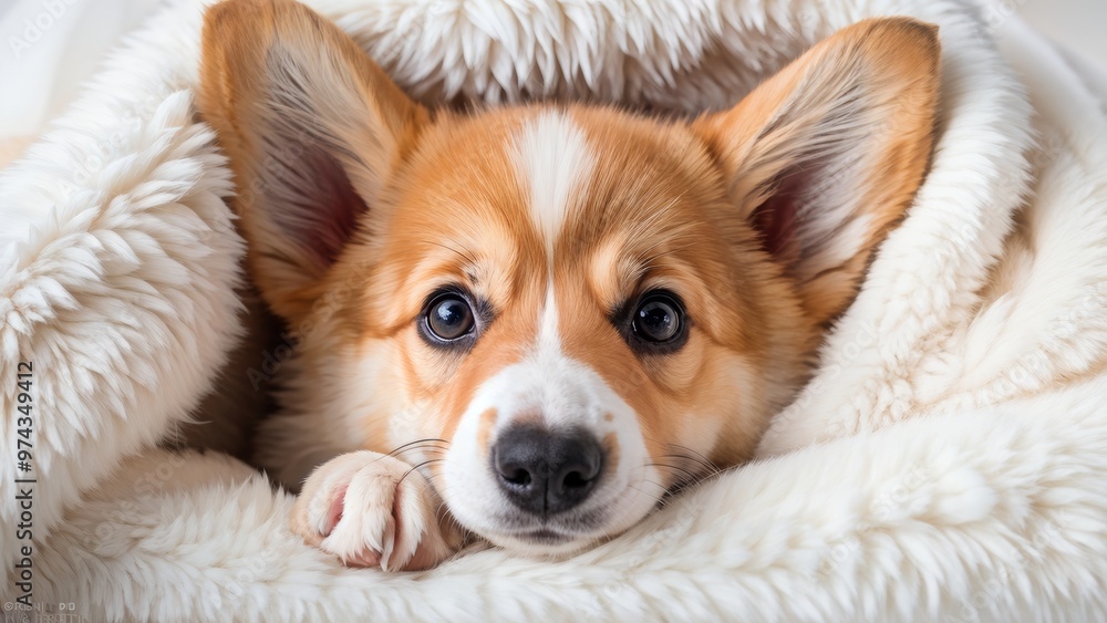 A cute pet corgi puppy lies in a white fluffy blanket, funny little face sticking out. A cute pet corgi puppy lies in a white fluffy blanket, funny little face sticking out.