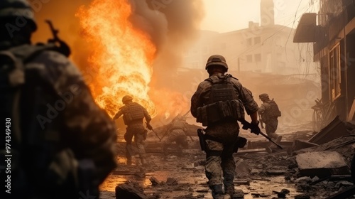 Silhouettes of soldiers in combat gear move through a war-torn city, a massive fire erupts behind them, creating a dramatic scene of chaos and destruc