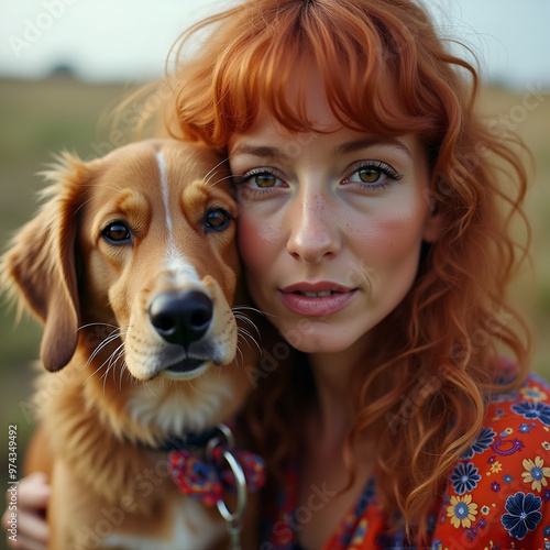 Close-up retrato mujer pelirroja con un perro raza retriever de nueva escocia photo