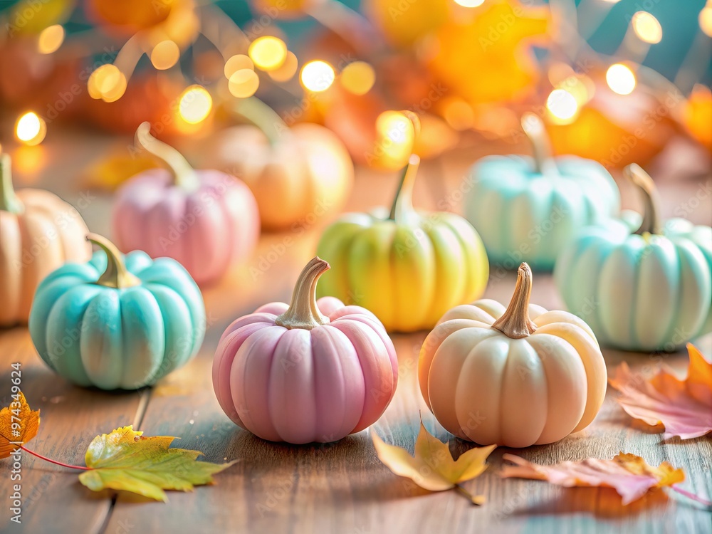 Miniature Halloween pumpkins, pastel color palette, soft focus, playful mood, and autumn leaves theme concept. Miniature Halloween pumpkins, pastel color palette, soft focus, playful mood, and autumn leaves theme concept.