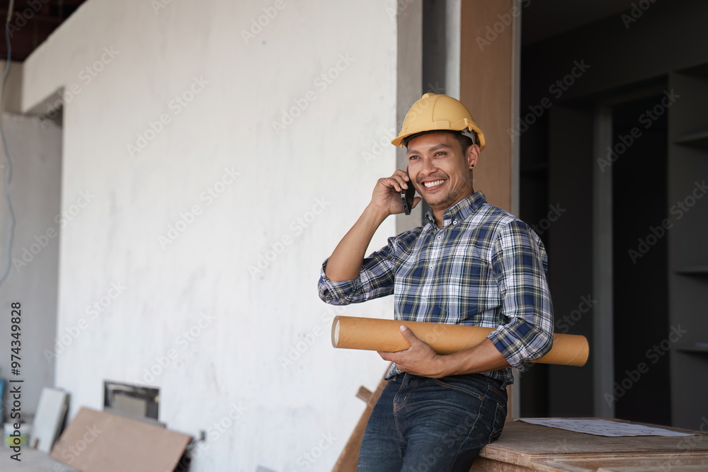 Smiling Civil Engineer Holding Blueprints and Talking on Phone at Construction Site Smiling Civil Engineer Holding Blueprints and Talking on Phone at Construction Site
