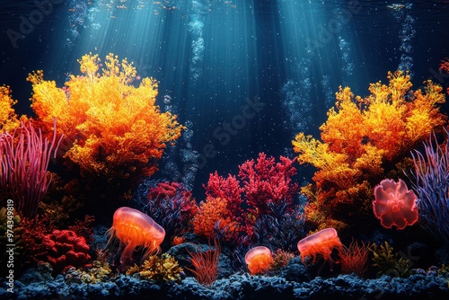 Vibrant underwater coral reef ecosystem with tropical fish and sunbeams