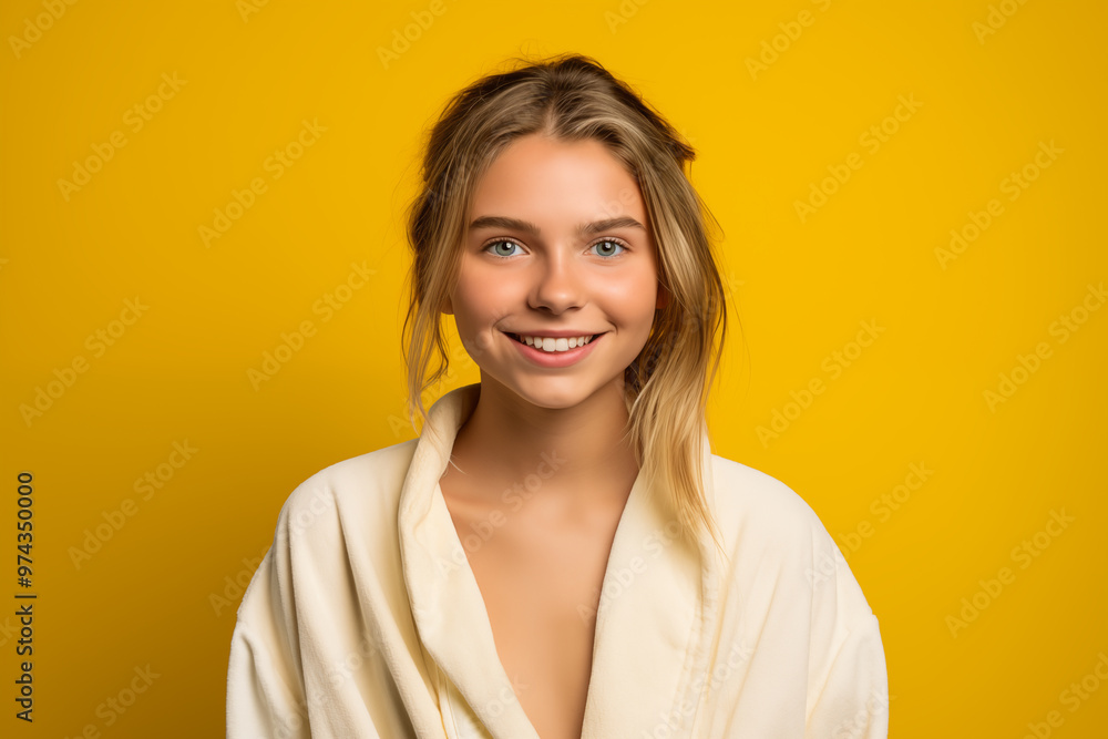 Obraz premium Young pretty blonde girl over isolated colorful background in a bathrobe