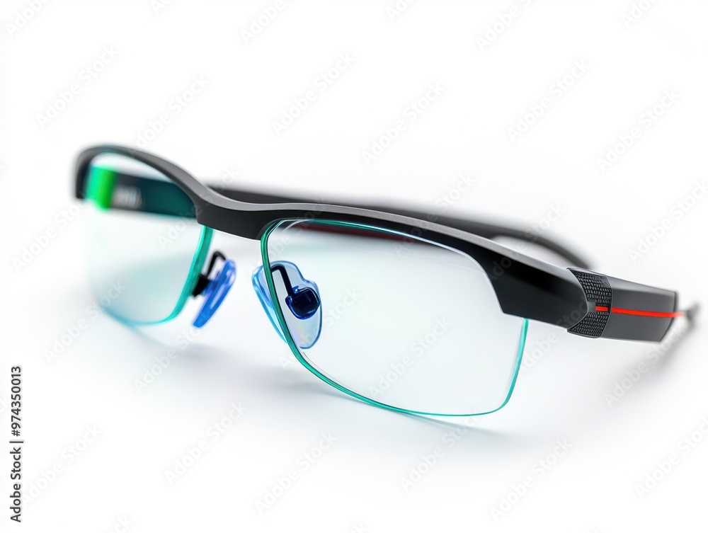 Modern Black and Green Eyeglasses with Red Detail on White Background Modern Black and Green Eyeglasses with Red Detail on White Background
