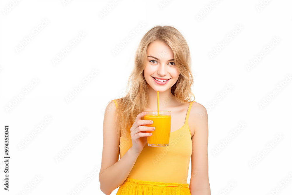 Young pretty blonde girl over isolated white background holding an orange juice Young pretty blonde girl over isolated white background holding an orange juice