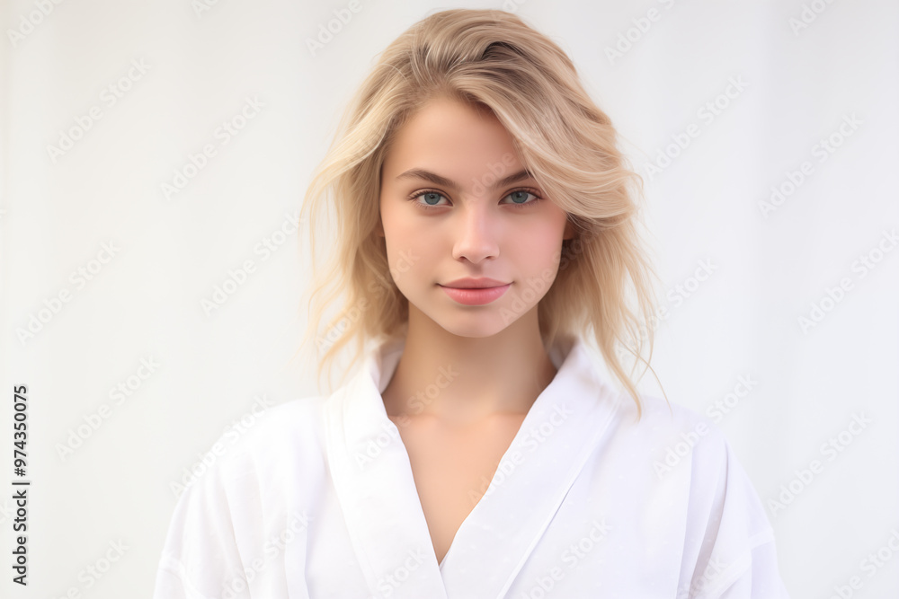 Young pretty blonde girl over isolated white background in a bathrobe Young pretty blonde girl over isolated white background in a bathrobe
