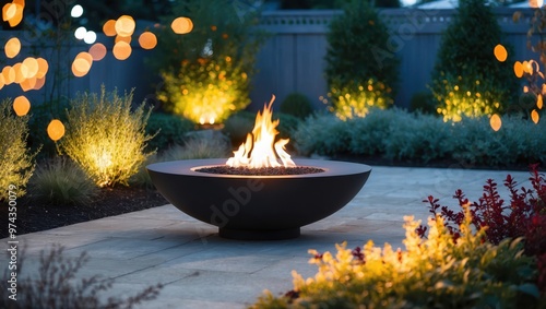 A modern and stylish fire pit in a beautifully landscaped backyard patio with lighting and plants.