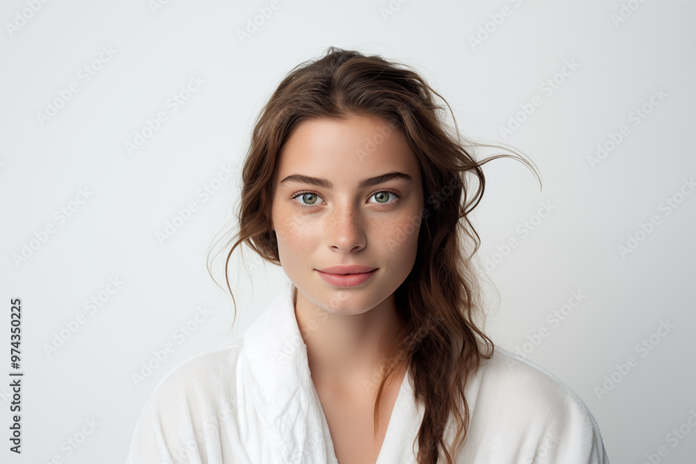 Young pretty brunette girl over isolated white background in a bathrobe Young pretty brunette girl over isolated white background in a bathrobe