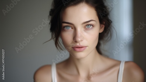 A beautiful young woman with piercing blue eyes gazes intently at the camera.