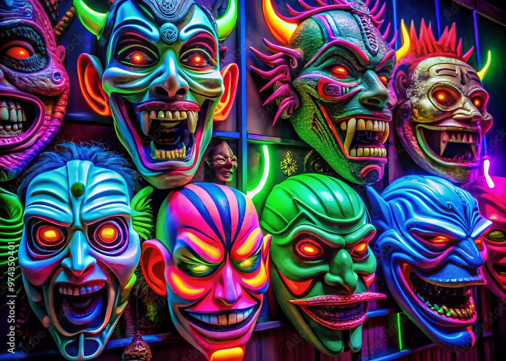 Monster masks in bright neon lights Monster masks in bright neon lights