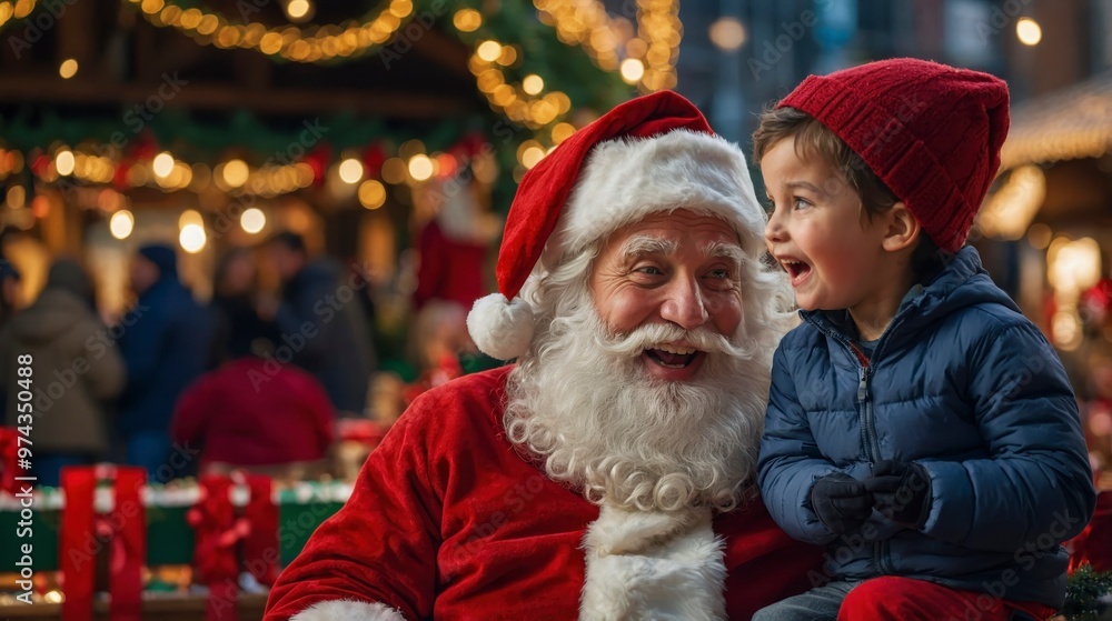 A Joyful Boy Shares Laughter With Santa Claus at a Festive Holiday Market in December A Joyful Boy Shares Laughter With Santa Claus at a Festive Holiday Market in December