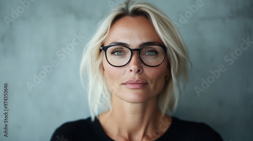 A blonde woman with glasses, her straight hair parting down the middle, giving a serious and thoughtful gaze, set against a minimalist grey background.