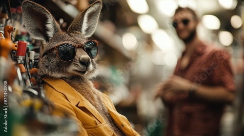 A kangaroo wearing sunglasses and a blazer leans against shelves in a store, merging cool confidence with a relaxed and playful shopping environment.