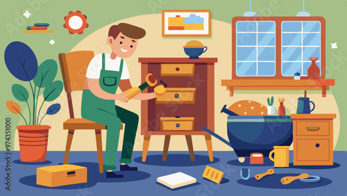 A man is fixing a dresser in a messy room