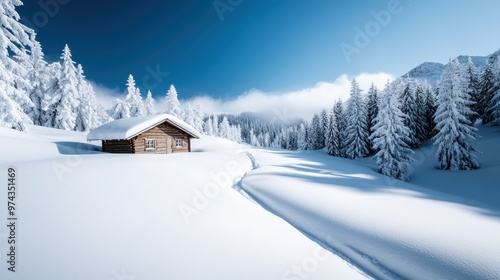 A cozy wooden cabin nestled in a snowy landscape surrounded by pine trees, under a bright blue sky with a clear trail leading to the cabin, epitomizing tranquility and winter beauty.