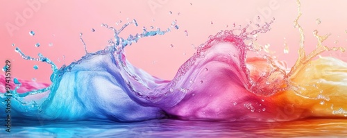 Wet splashes, flowing motion, diverse color palette, watercolor style