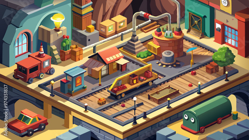 A cartoonish cityscape with a train station and a green train