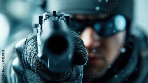 A dramatic capture with a blurred person aiming a gun in the foreground. Nearby mechanical elements add to the tension and intensity of the scenario depicted. photo