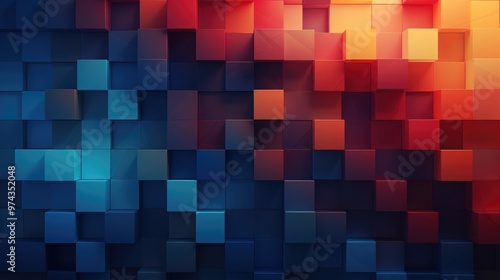 A vibrant abstract background with a gradient of blue, red, and orange. The blocks create a sense of depth and dimension.