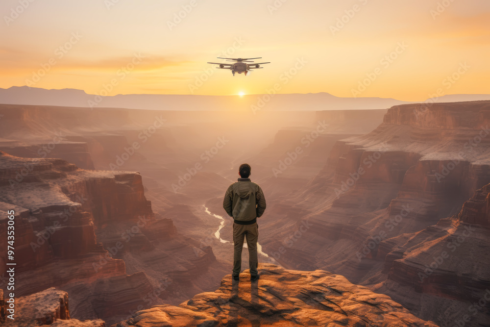 The man in military uniform carefully launches a drone copter at the edge of a canyon The man in military uniform carefully launches a drone copter at the edge of a canyon