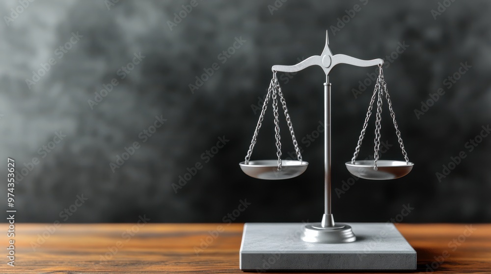 Silver Justice Scales on Wooden Table with Gray Background Silver Justice Scales on Wooden Table with Gray Background
