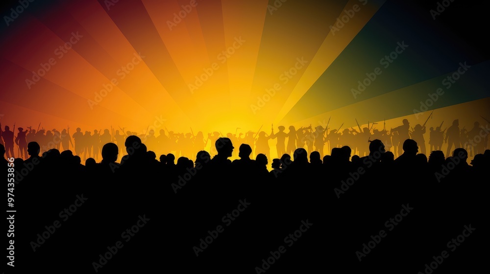 A silhouette of a crowd of people standing in front of a bright, golden light. A silhouette of a crowd of people standing in front of a bright, golden light.